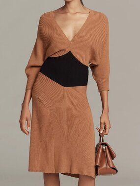 Anthropologie Smocked-Waist Ribbed Sweater Dress, Flax, XL